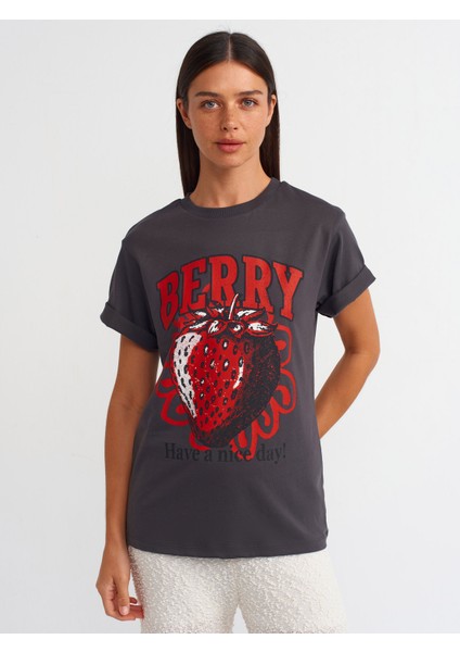 31064 Baskılı Bisiklet Yaka T-Shirt-Antrasit