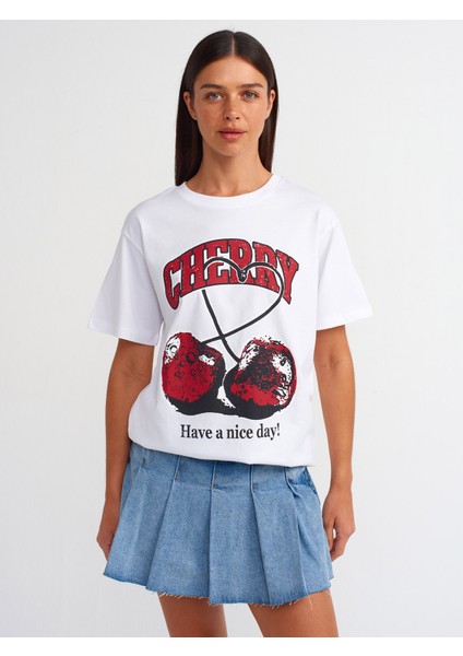 31065 Baksı Detaylı T-Shirt-Beyaz
