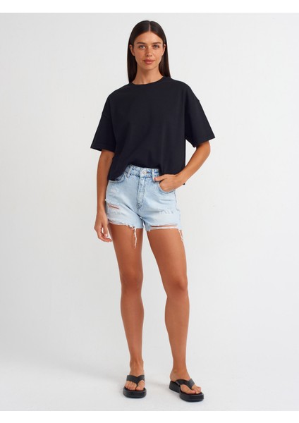 71511 Lazerli Kısa Denim Şort-Mavi