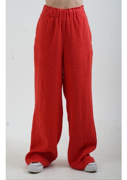 Kırmızı Naturel Keten Beli Lastikli Geniş Paça Pantolon fiyatları