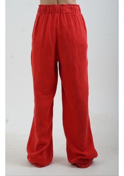 Kırmızı Naturel Keten Beli Lastikli Geniş Paça Pantolon modelleri