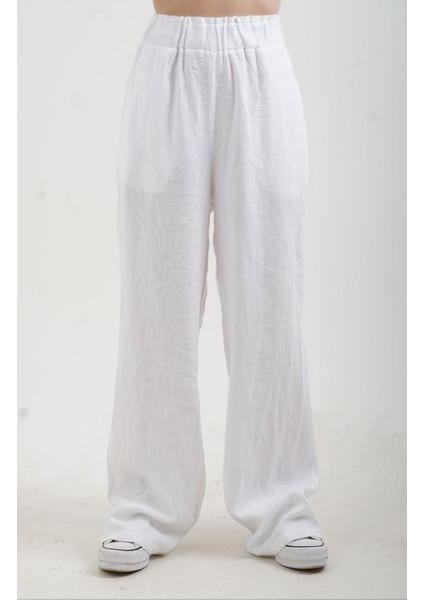 Beyaz Naturel Keten Beli Lastikli Geniş Paça Pantolon fiyatları