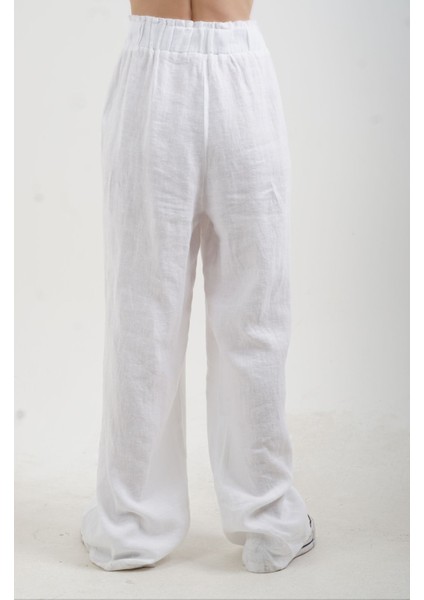 Beyaz Naturel Keten Beli Lastikli Geniş Paça Pantolon modelleri