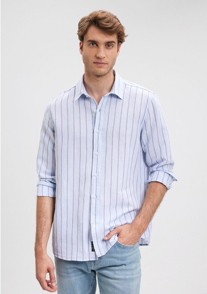 Keten Karışımlı Çizgili Mavi Gömlek 0211142-70813