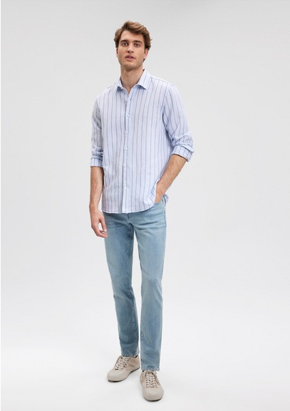 Keten Karışımlı Çizgili Mavi Gömlek 0211142-70813 fiyatları