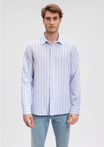 Keten Karışımlı Çizgili Mavi Gömlek 0211142-70813 modelleri