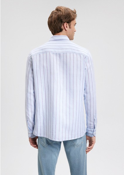 Keten Karışımlı Çizgili Mavi Gömlek 0211142-70813 fırsatları