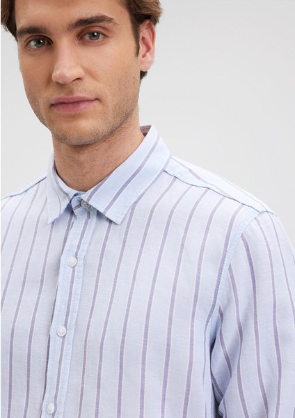 Keten Karışımlı Çizgili Mavi Gömlek 0211142-70813 indirimleri