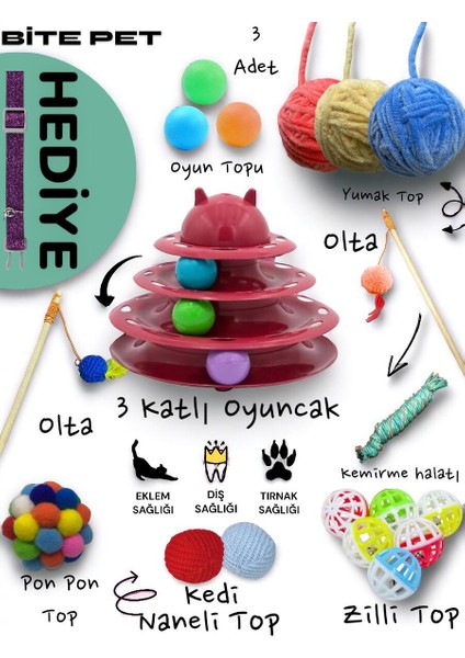 11+1 Kedi Oyuncak Seti:3 Katlı Oyuncak 60 cm Olta Ponpon Top Kedi Naneli Top