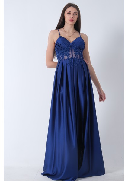 Saks Yırtma Detaylı Ip Askılı Saten Abiye Elbise 9704981.26 modelleri
