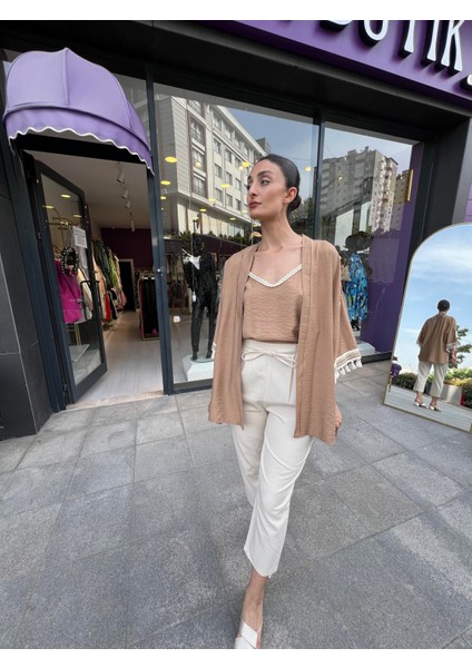 Kol detaylı salaş keten kimono - kahverengi