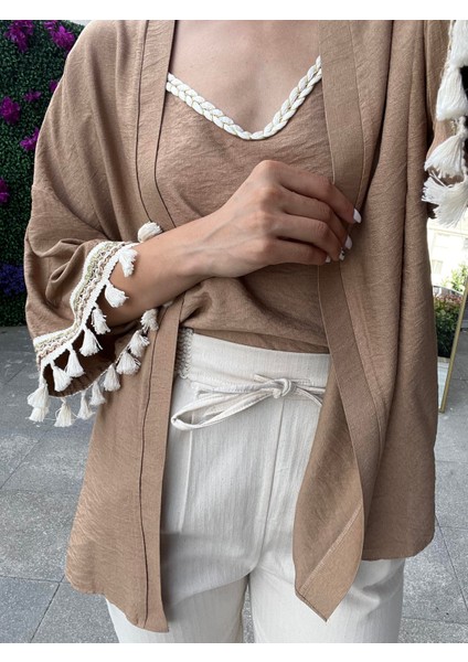 Kol detaylı salaş keten kimono - kahverengi fiyatları