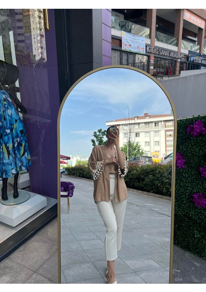 Kol detaylı salaş keten kimono - kahverengi modelleri