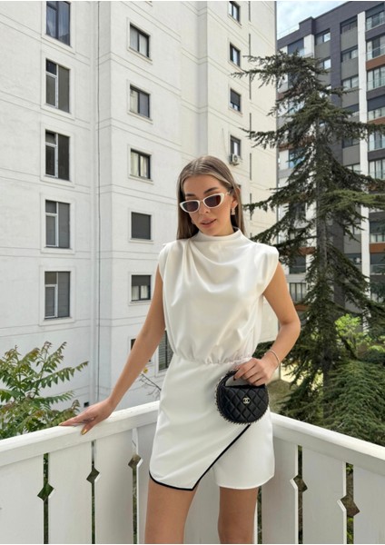 Zr Model Beyaz Dik Yaka Asimetrik Şortlu Takım