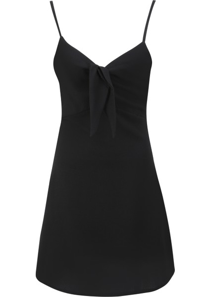 V Yaka Düz Siyah Mini Kadın Elbise SPBF4SL-ELB5577