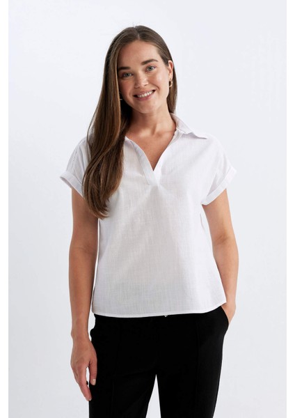 Regular Fit Flamlı Pamuk Polo Yaka Kısa Kollu Bluz D4056AXNS