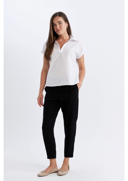 Regular Fit Flamlı Pamuk Polo Yaka Kısa Kollu Bluz D4056AXNS