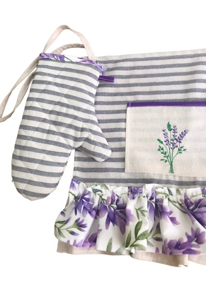 Lavanta Nakışlı, Fırfırlı, Buldan Keten Fırın Önlüğü (Örtüsü) ve Eldiveni