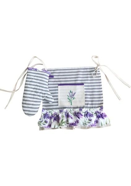 Lavanta Nakışlı, Fırfırlı, Buldan Keten Fırın Önlüğü (Örtüsü) ve Eldiveni modelleri