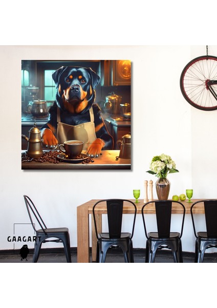 Kare Kanvas Kahve Köşesi Cafe Tablosu Barista Rottweiler Köpek