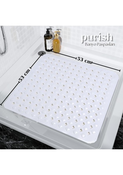 | Banyo Duş Küvet Için Vantuzlu Kaydırmaz, Su Drenajlı, Masaj Noktalı Paspas - Mat Beyaz - 53 x 53cm