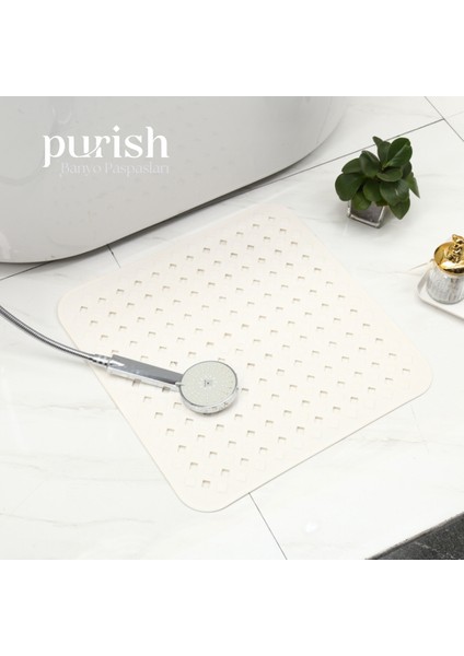 | Banyo Duş Küvet Için Vantuzlu Kaydırmaz, Su Drenajlı, Masaj Noktalı Paspas - Mat Beyaz - 53 x 53cm