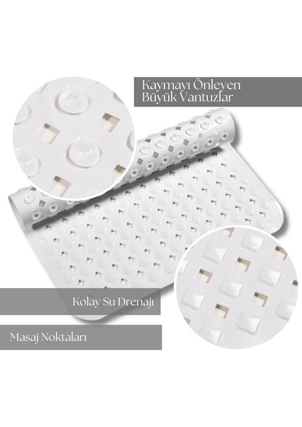 | Banyo Duş Küvet Için Vantuzlu Kaydırmaz, Su Drenajlı, Masaj Noktalı Paspas - Mat Beyaz - 53 x 53cm
