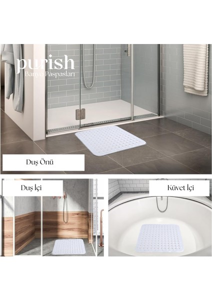 | Banyo Duş Küvet Için Vantuzlu Kaydırmaz, Su Drenajlı, Masaj Noktalı Paspas - Mat Beyaz - 53 x 53cm