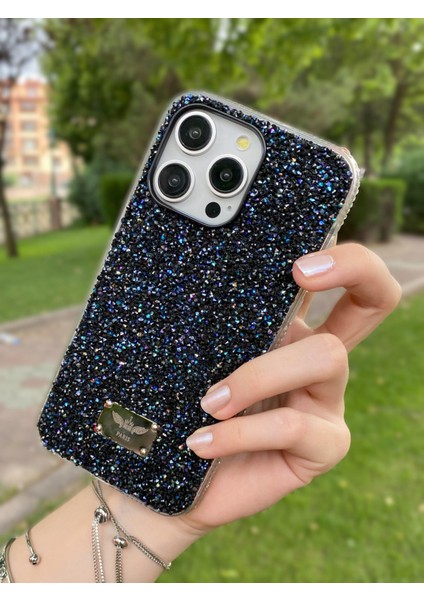 Paladyum Case iPhone 14 Promax Uyumlu Paris Arkası ve Kenarları Taşlı Siyah Kılıf