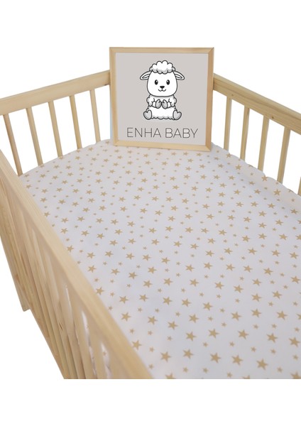 %100 Pamuk Ranforce Kumaş Lastikli Bebek Çarşafı-Bej YILDIZ-(70X110)(60X120)