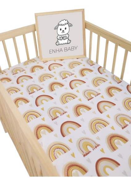 %100 Pamuk Ranforce Kumaş Lastikli Bebek Çarşafı-Gökkuşağı KALP-(70X110)(60X120)