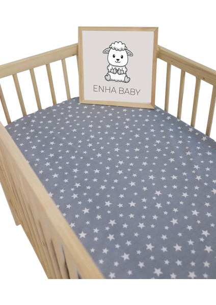 Enha Baby %100 Pamuk Ranforce Kumaş Lastikli Bebek Çarşafı-Gride Beyaz YILDIZ-(70X110)(60X120)