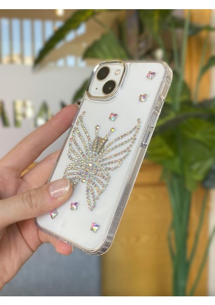 iPhone 14 Uyumlu Hologram Taşlı Kelebek Desenli Şeffaf Kılıf