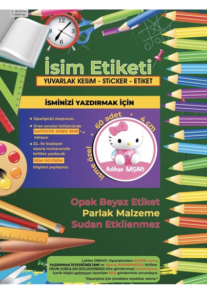 Okul Etiketi, Kalem Defter Etiketi - Hello Kitty -60 Adet 4cm Opak Sticker