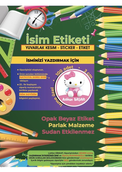 Okul Etiketi, Kalem Defter Etiketi - Hello Kitty - 100 Adet 3cm Opak Sticker