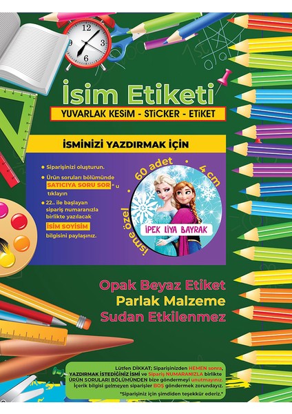 Okul Etiketi, Kalem Defter Etiketi, Elsa-60 Adet 4cm Opak Sticker modelleri