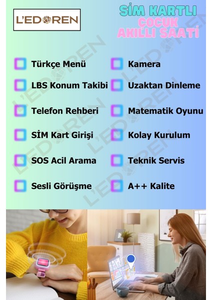 Akıllı Çocuk Saati Uyumlu Sim Kartlı ve Gps Konum Özellikli Kayıtlı Sesli Görüşme Canlı Takip