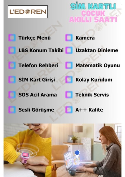 Akıllı Çocuk Saati Uyumlu Sim Kartlı ve Gps Konum Özellikli Kayıtlı Sesli Görüşme Canlı Takip