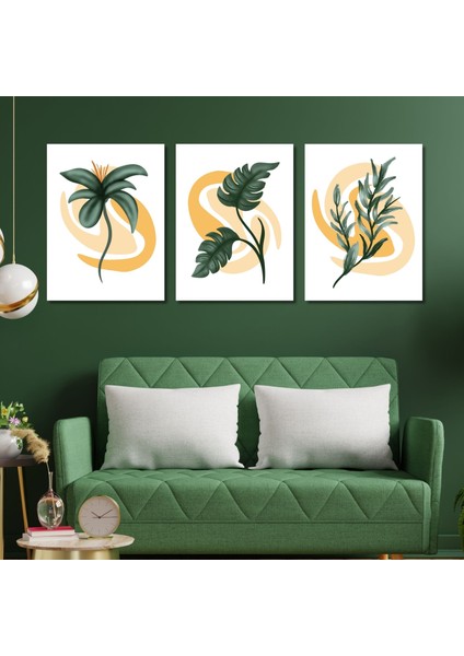 3'lü Kanvas Duvar Tablosu Sarı Yeşil Sade Çizgisel Tasarım