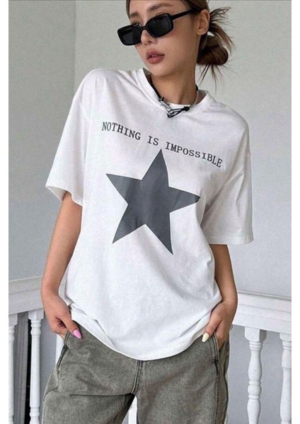 Star Oversize Beyaz Yıldız Baskılı Unisex Relax T-Shirt