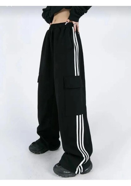 Y2K Streetwear Baggy Sweatpants Kargo Cepli Çizgili Siyah Paraşüt Pantolon Eşofmann modelleri