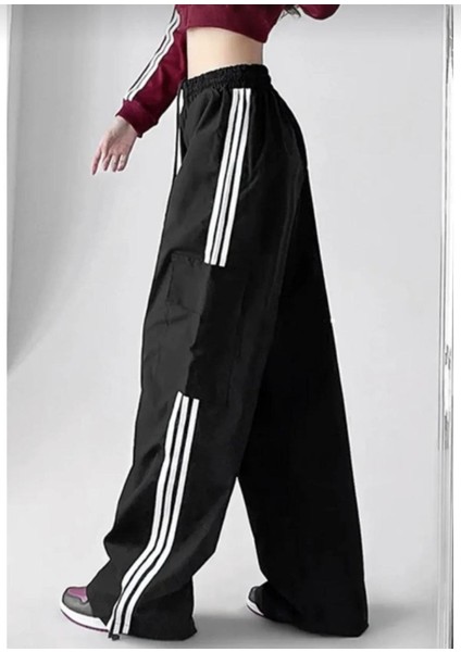 Y2K Streetwear Baggy Sweatpants Kargo Cepli Çizgili Siyah Paraşüt Pantolon Eşofmann fırsatları