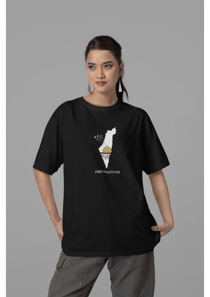 Free Palestine Baskılı Yüksek Kalite Kompakt Oversize T-Shirt