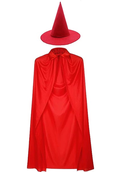 Yetişkin Boy 120 cm Kırmızı Yakalı Pelerin ve Kırmızı Cadı Şapkası