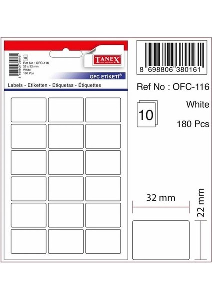 OFC-116 ( 32 mm * 22 mm ) Beyaz Ofis Etiketi- ( 5 Paket )
