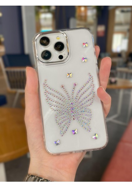 iPhone 15 Promax Uyumlu Hologram Taşlı Kelebek Desenli Şeffaf Kılıf