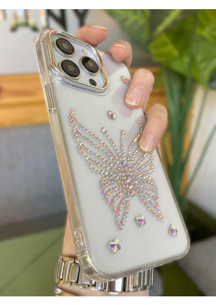 iPhone 15 Promax Uyumlu Hologram Taşlı Kelebek Desenli Şeffaf Kılıf