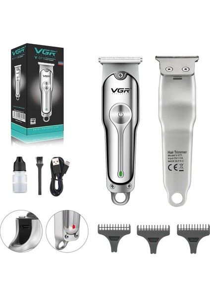 1-3 V-071 Saç Sakal Tıraş Makinesi Mini Şarjlı Metal Professional Gri Saç-Sakal Kuru Şarjlı Y