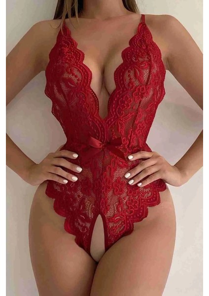 For Dreams Özel Bölgesi Açık Babydoll - Dantel Bodysuit Kırmızı