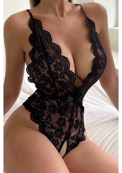 Özel Bölgesi Açık Babydoll - Dantel Bodysuit Siyah